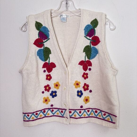 Vintage Embroidered Floral Cotton Button Down Women’s Sleeveless Sweater Vest - Picture 1 of 11